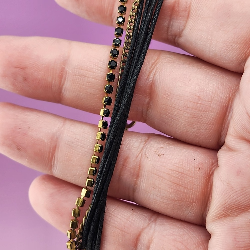 Black Rhinestone Multi-Strand Bracelet Gold Tone Chain Cord Fashion Jewelry Boho